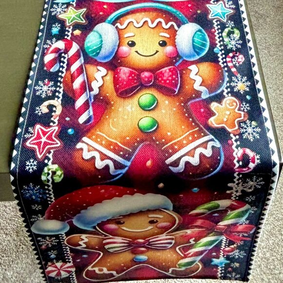 72" Whimsical Vibrant Gingerbread People Candy Snowflakes Christmas Table Runner - Picture 3 of 10